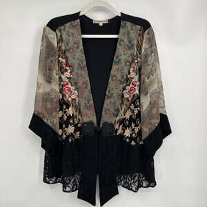 Women's Spencer Alexis Black Embroidered Mix Print Kimono 1X